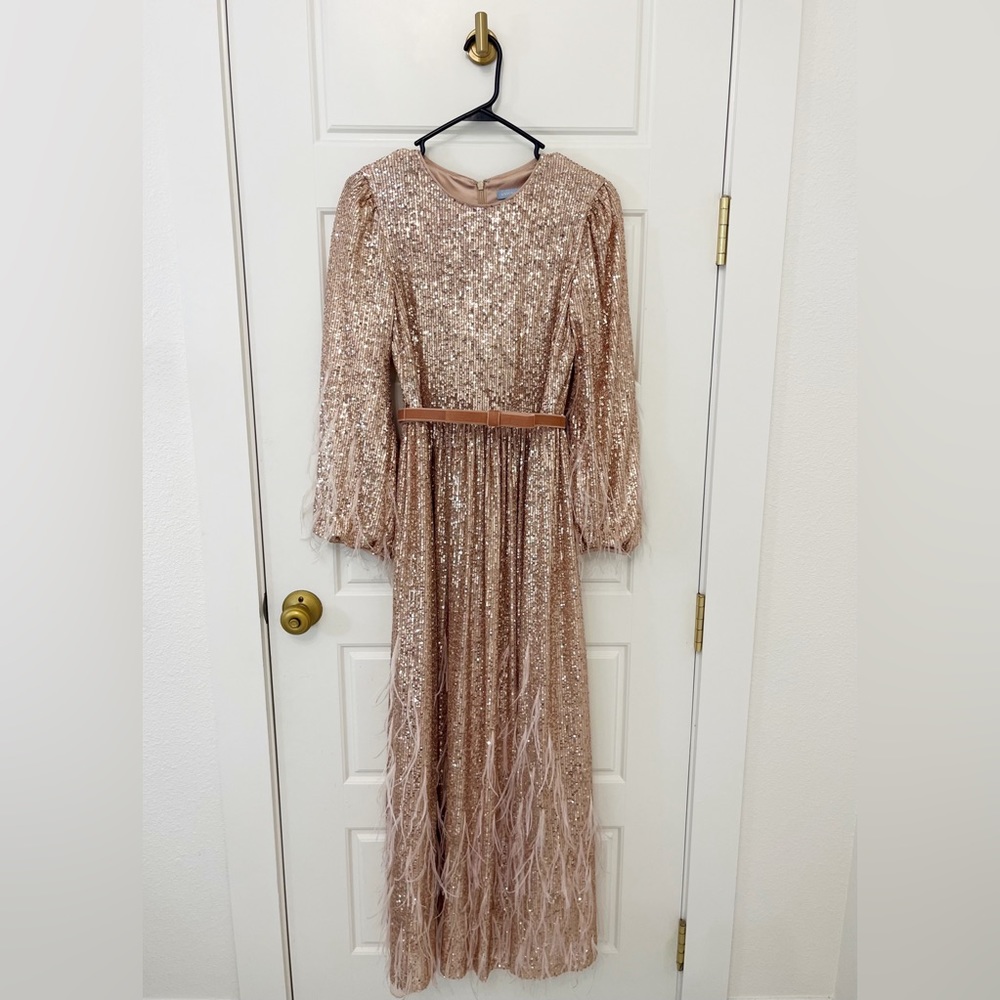 Antonio Melani x Nicola Bathie Nicola Sequin Long Sleeve Feathered Dress